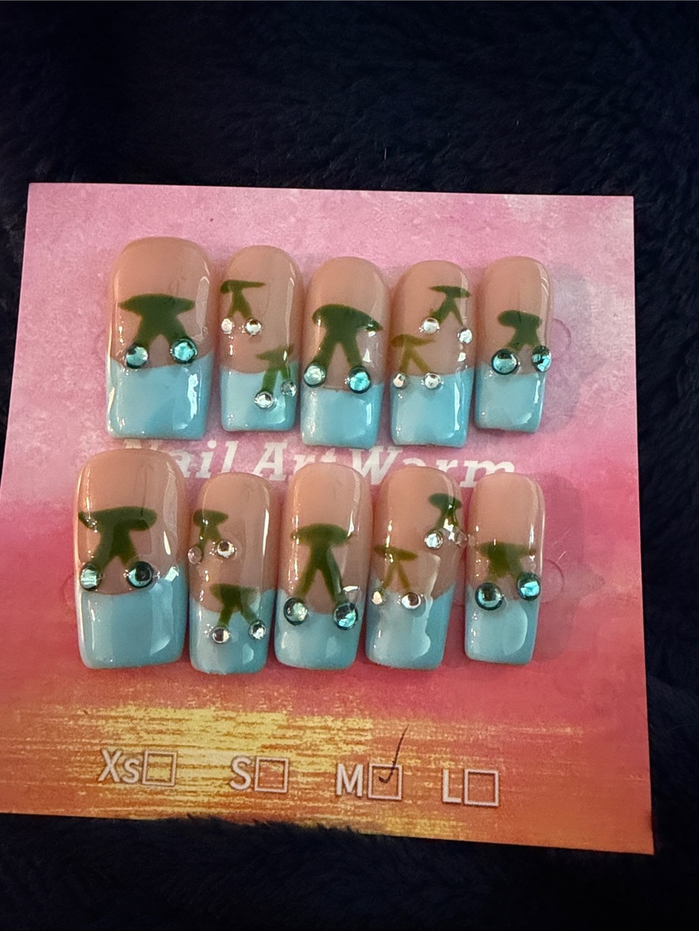 Aqua Blue French Tip handmade acrylic Press-On Nails with Palm Leaf Accent